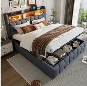 Łóżko z pojemnikiem 180x200 cm - Łóżko dla dorosłych z oświetleniem LED, portem USB i Typ C - szary len - bez materaca. Materac w zestawie.