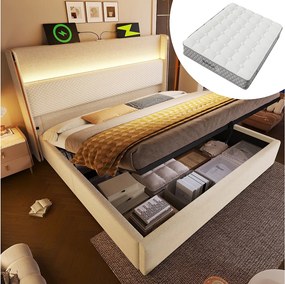 Łóżko z pojemnikiem 140 x 200 cm - Łóżko dla dorosłych z oświetleniem LED i portami USB/Type-C - beżowa pościel - materac w zestawie