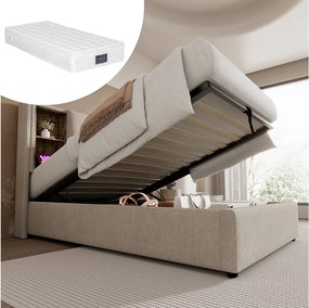 Łóżko pojedyncze ze schowkiem - 90 x 200 cm - z ładowaniem bezprzewodowym USB - z materacem - tkanina lniana - naturalny