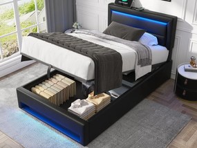 Łóżko o wymiarach 90x190 cm z ekoskóry z LED - z portami do ładowania (przewodowymi i bezprzewodowymi) - Czarne