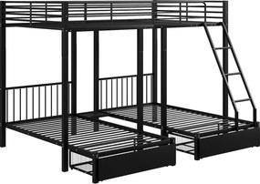 Łóżko piętrowe dla 3 dzieci z 2 szufladami - 140x200cm i 2x90x200cm - rama z materacem - Czarny (materac nie jest w zestawie)