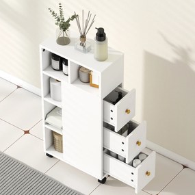 HOMCOM Szafka łazienkowa wąska, szafka z 4 kółkami, 3 szuflady, 5 otwartych przegródek, 20x40x80cm, Biały