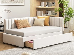 Łóżko tapicerowane 90 x 200 cm - Sofa z funkcją spania z 2 szufladami - Aksamit - Beż