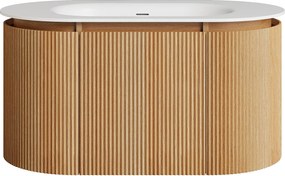 Wisząca szafka łazienkowa z prążkowanego drewna jesionowego z umywalką wpuszczaną z białej matowej żywicy – Jasny naturalny - szer. 90 cm - LILIKO