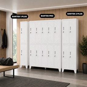 Perforowana szafka ubraniowa BHP skrytkowa Bartek Pro, 136 x 45 x 172 cm, kolor biały