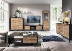 Witryna wysoka Fitelia skandynawska dąb evoke + czarny mat – elegancka do salonu