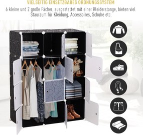 Homcom Szafa na Ubrania Garderoba Półki Wieszak 2+6 Kostek PP Czarny Biały Praktyczna 111x47x145cm | Aosom PL