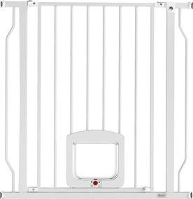 PawHut Bramka zabezpieczająca drzwiowa z drzwiczką dla kota, bez wiercenia, 75-85 cm ze stali dla psów, schody, drzwi, Weiß | Aosom PL