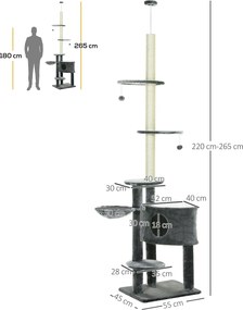 PawHut drapak drzewko do wspinania dla kota słupki sizalowe ciemnoszary 55x45x220-265 cm | Aosom PL