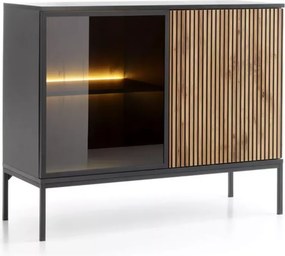 Komoda witryna Shark K104 LED nowoczesna loft szafka do salonu jadalni kaszmir czarna dąb wotan z oświetleniem LED push to open