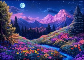 Obraz na szkle - Fioletowy krajobraz przy pełni księżyca (70x50 cm)