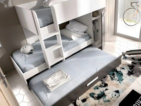 Łóżko piętrowe z ze skrzynią , 3 × 90 × 190 cm – kolor biało-antracytowy, z materacem - ANTHONY