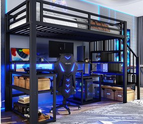 Łóżko na antresoli 90x200 cm - z drabiną bezpieczeństwa - z taśmą LED + biurkiem - z portem USB - czarny (materac nie jest wliczony w cenę)