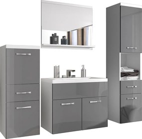 Nowoczesne meble łazienkowe, wiszący zestaw z umywalką, lustrem i słupkami, korpus biały mat / fronty szary połysk
