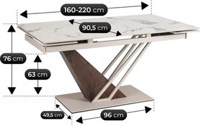 Stół Rozkładany Prostokątny REX 160-220 cm Biały Marmur/Kaszmir Japandi