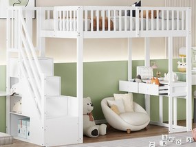 Łóżko mezzanine 90x200cm z drewna - z biurkiem i schodami do przechowywania - Białe