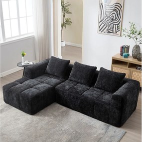 Sofa w kształcie litery L, czarna szenilowa, sofa trzyosobowa z podłokietnikami i poduszkami, odpowiednia do salonu i biura