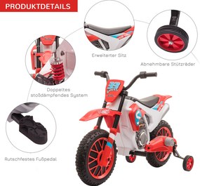 HOMCOM Motocykl Dla Dzieci, Elektryczny, 45 Minut Jazdy, z Kółkami Stabilizacyjnymi, od 3 Lat, Czerwony+Biały, 106,5 x 51,5 x 68 cm