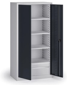 Szafa warsztatowa na narzędzia KOVOS, perforowana, 4 półki, 2 szuflady, 950 x 600 x 1950 mm, grafitowy