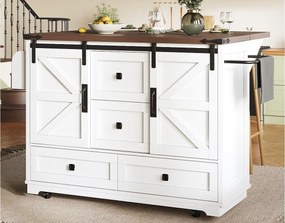 Mobilna centralna wyspa kuchenna - Blat rozsuwany - 120x73x93cm - 2 drzwi i 4 szuflady - z wieszakiem na ręczniki - styl rustykalny - Biały
