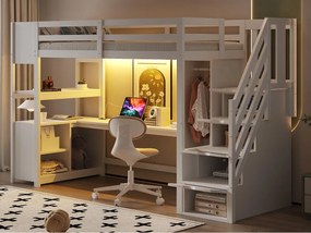 Łóżko na antresoli 90×200 cm - z szafą i biurkiem - drabina z miejscem do przechowywania - z gniazdkami i oświetleniem LED - biały
