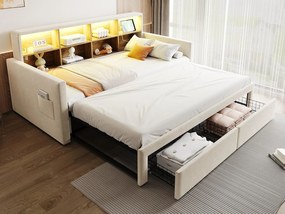 Rozkładana sofa z poduszkami 90x190 cm - Oświetlenie LED - z gniazdem ładowania - dwie szuflady - stelaż lamelowy - welur - beżowy