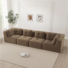 Canapé 4 places modulable, avec 6 coussins, en velours côtelé, 386x104x69cm, Marron