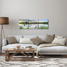 Obraz jeziora z trzcinami (z zegarem) (90x30 cm)