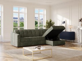 Kanapa narożna rozkładana typu express z zielonej tkaniny teksturowanej khaki - Powierzchnia spania 160 cm - Materac 14 cm - DARIELO