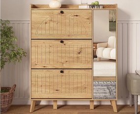 Nowoczesna szafa na buty 110×24×137,5 cm - z 3 frontami odchylanymi - z lustrem - Nogi z litego drewna - Kolor naturalny