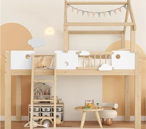 Łóżko piętrowe 90×200 cm - w kształcie domku z barierką - drabina 3-stopniowa - lite drewno + MDF - naturalny