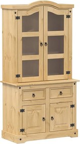 Witryna z litego drewna sosnowego Corona 100x48,5x179 cm z przeszklonymi drzwiami i metalowymi uchwytami