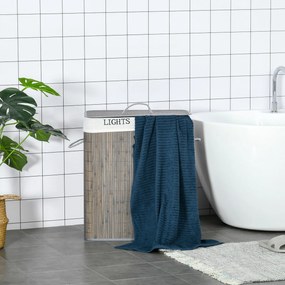 HOMCOM 100L Kosz na pranie z 3 uchwytami, z pralnym workiem na pranie, Bambus, Poliester, Bawełna, Metal, 52 x 32 x 63 cm, Szary