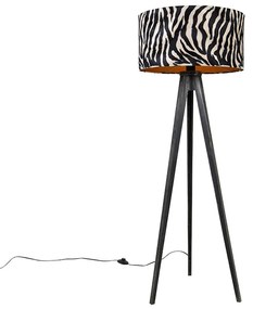Lampa podłogowa trójnóg czarna z abażurem w pasy zebry 50 cm - Tripod Classic Nowoczesny Oswietlenie wewnetrzne