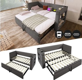 Łóżko dzienne - 2 x 90 x 190 cm - z wysuwanym łóżkiem - podłokietniki z USB typu C + schowek - drewno + bawełna + metal - szary