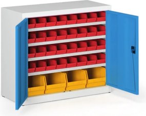 Szafka z pojemnikami BASIC - 800 x 400 x 920 mm, 32x A, 4x C, drzwi szare/niebieskie