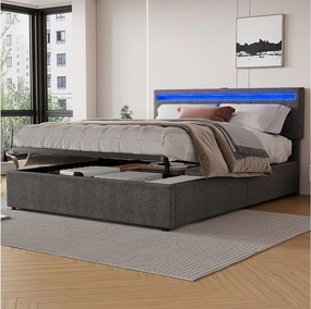 Łóżko z pojemnikiem 160 x 200 cm z portami USB i Type-C - Diody LED - Tkanina lniana - Szary