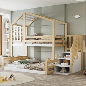 Łóżko piętrowe 90x200/140x200 - z barierką i schowkiem - naturalna sosna - bez materaca
