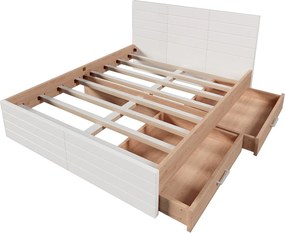 Łóżko dla dorosłych 140x200 cm - z 2 szufladami i stelażem - lite drewno - kolor biały i jasny dąb - materac nie jest wliczony w cenę
