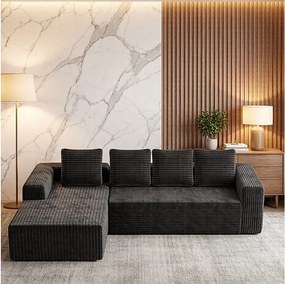 Modułowa kanapa narożna lewa - Welur prążkowany Szary - 4-osobowa - 4 poduszki i 150cm szezlong - 261x171x58cm