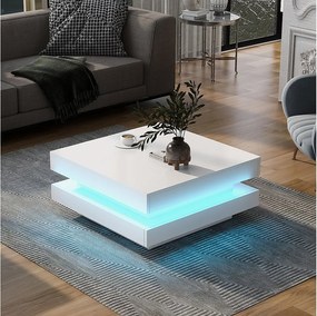 Stolik kawowy kwadratowy - 70 x 70 x 36 cm - z diodami LED 16 kolorów - płyta wiórowa - biały