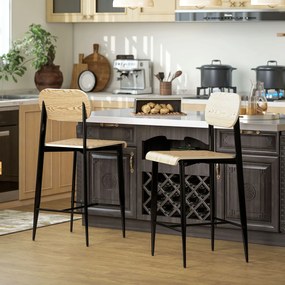 HOMCOM Zestaw 2 Stołków Barowych z Oparciem i Metalową Ramą, Drewno, Jasnobrązowy