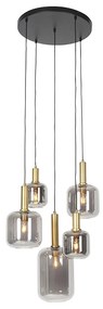 Inteligentna lampa wisząca czarna ze złotem i dymionym szkłem w komplecie 5 Wi-Fi A60 - Zuzanna