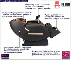 Brązowo-czarny fotel wypoczynkowy z masażami i wyświetlaczem - Irex