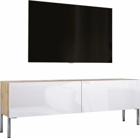 Szafka RTV: Dąb Wotan / Biały Połysk, Nogi Chrom, 140 x 52 x 32 cm