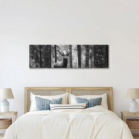 Obraz - Jeleń w lesie 2, czarno - biały (170x50 cm)
