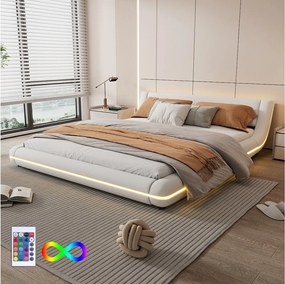 Łóżko dwuosobowe 160 x 200 cm - Łóżko podłogowe - Skóra ekologiczna - Oświetlenie otoczenia LED z pilotem - Białe