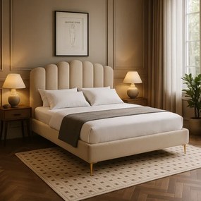 Łóżko Tapicerowane 160x200 cm GEMINI ze Stelażem Dwuosobowe Beżowe Glamour