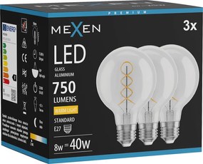 Mexen Vintis 3x żarówka filament spirala LED E27, G80, 8W, Ciepła - 2700K, 750 lm, clear - L165-E27-0827-00x03