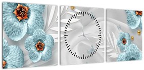 Obraz - 3D niebieskie kwiaty (z zegarem) (90x30 cm)
